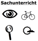 Symbole für Fahrrad, Lupe, Sonne mit Wolke und Auge